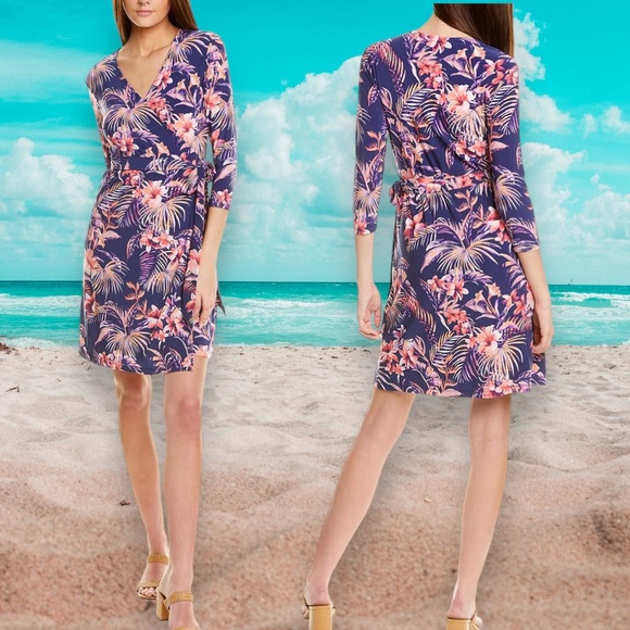*SOLD* Tori Richard Jolene Golden Hour Wrap V-neck Dress Blue Pink Purple XXS - Picture 2 of 6